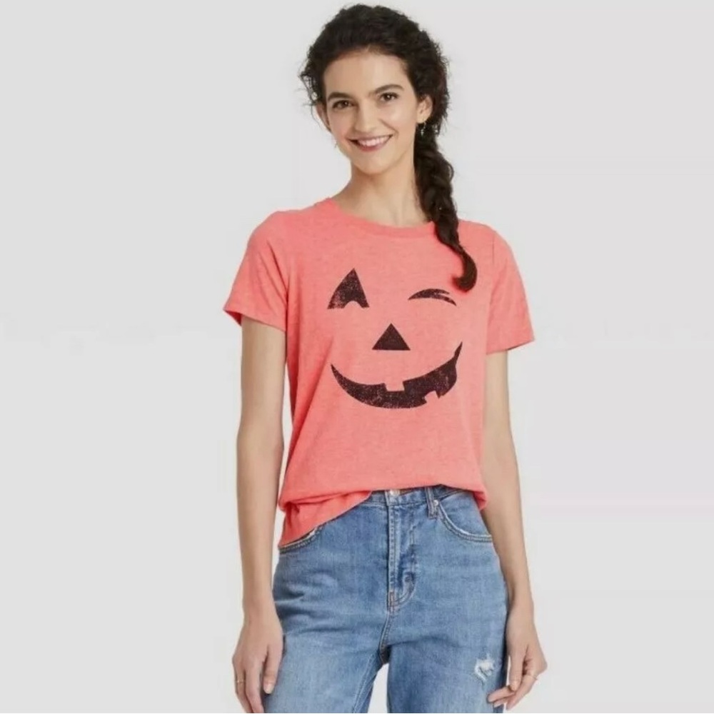 Halloween Jack O’ Lantern Pumpkin Face T-Shirt Women’s Junior’s Size S